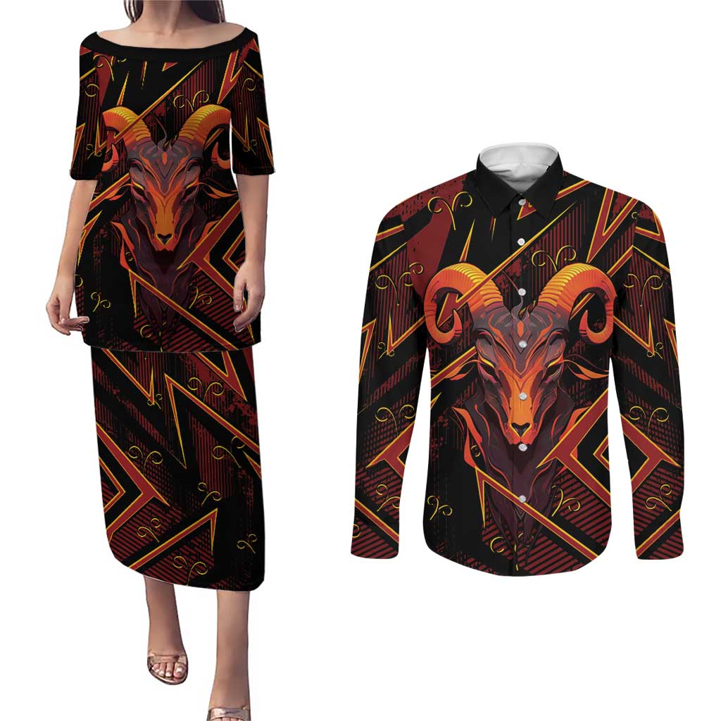 Custom Aries Zodiac Couples Matching Puletasi and Long Sleeve Button Shirt With Bold Triangle