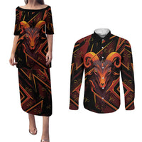 Custom Aries Zodiac Couples Matching Puletasi and Long Sleeve Button Shirt With Bold Triangle