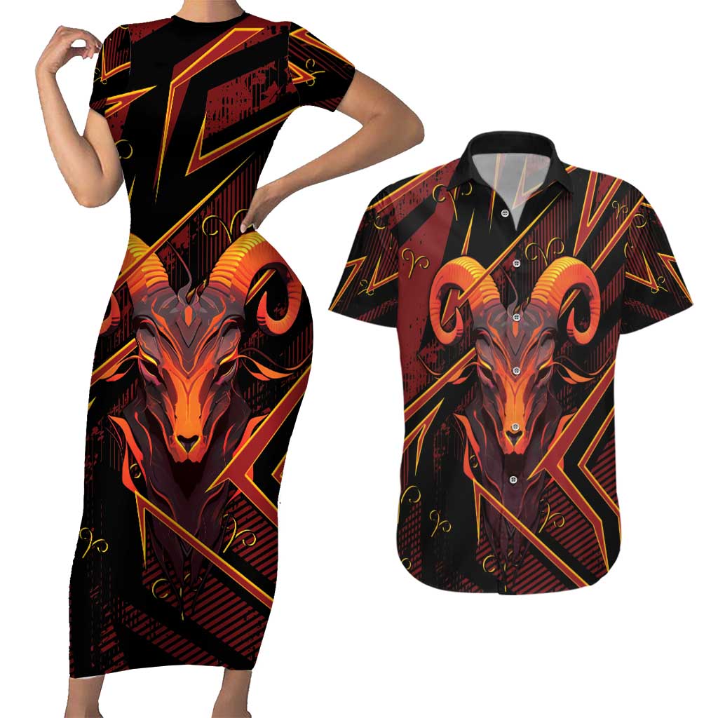 Custom Aries Zodiac Couples Matching Short Sleeve Bodycon Dress and Hawaiian Shirt With Bold Triangle