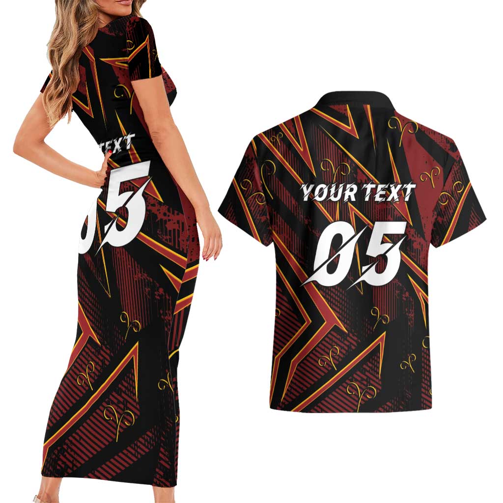 Custom Aries Zodiac Couples Matching Short Sleeve Bodycon Dress and Hawaiian Shirt With Bold Triangle