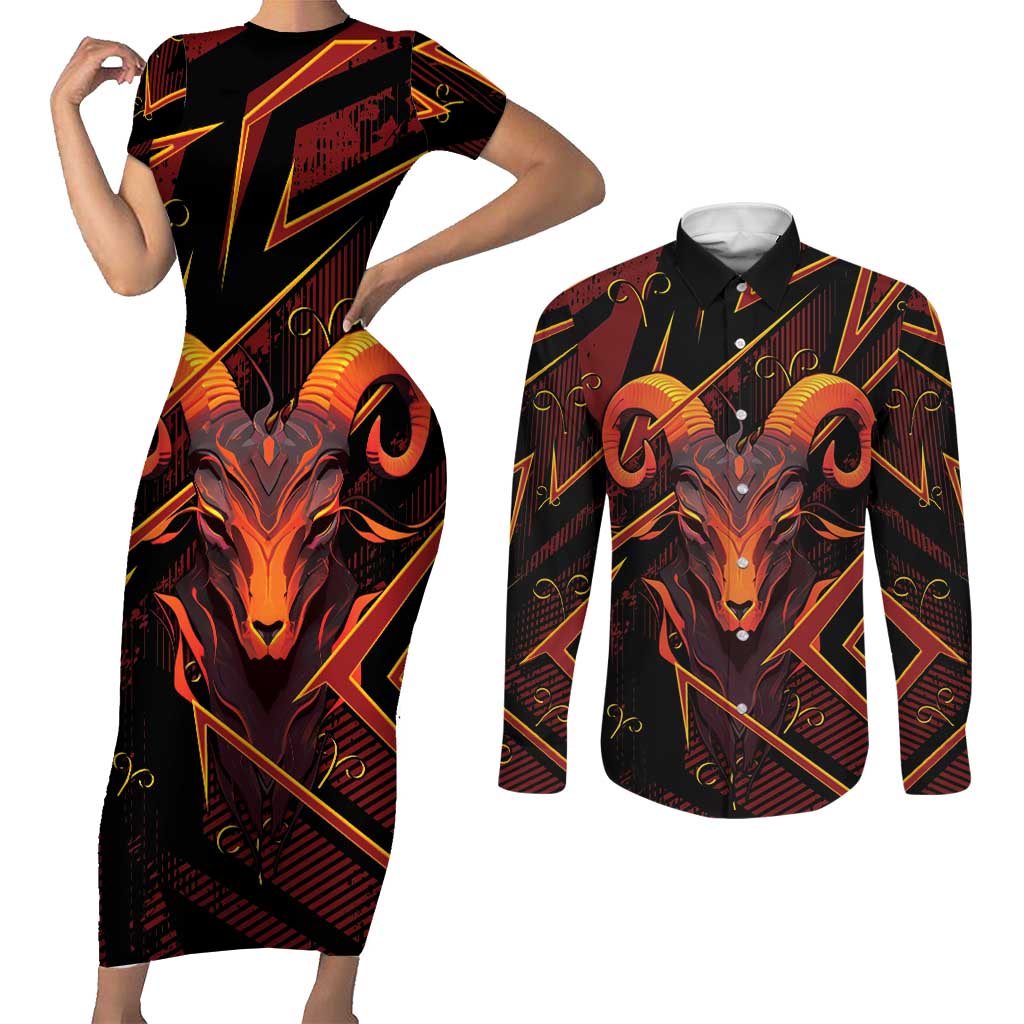 Custom Aries Zodiac Couples Matching Short Sleeve Bodycon Dress and Long Sleeve Button Shirt With Bold Triangle