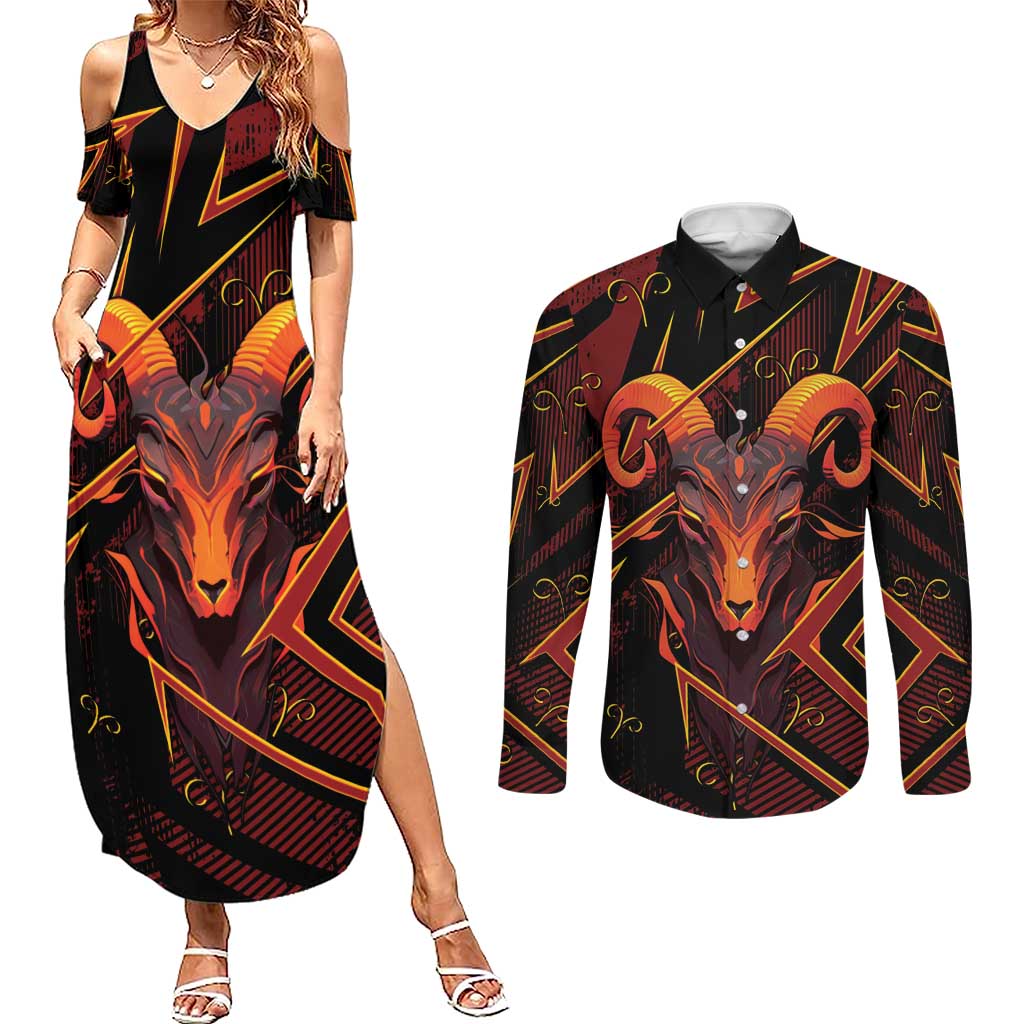 Custom Aries Zodiac Couples Matching Summer Maxi Dress and Long Sleeve Button Shirt With Bold Triangle