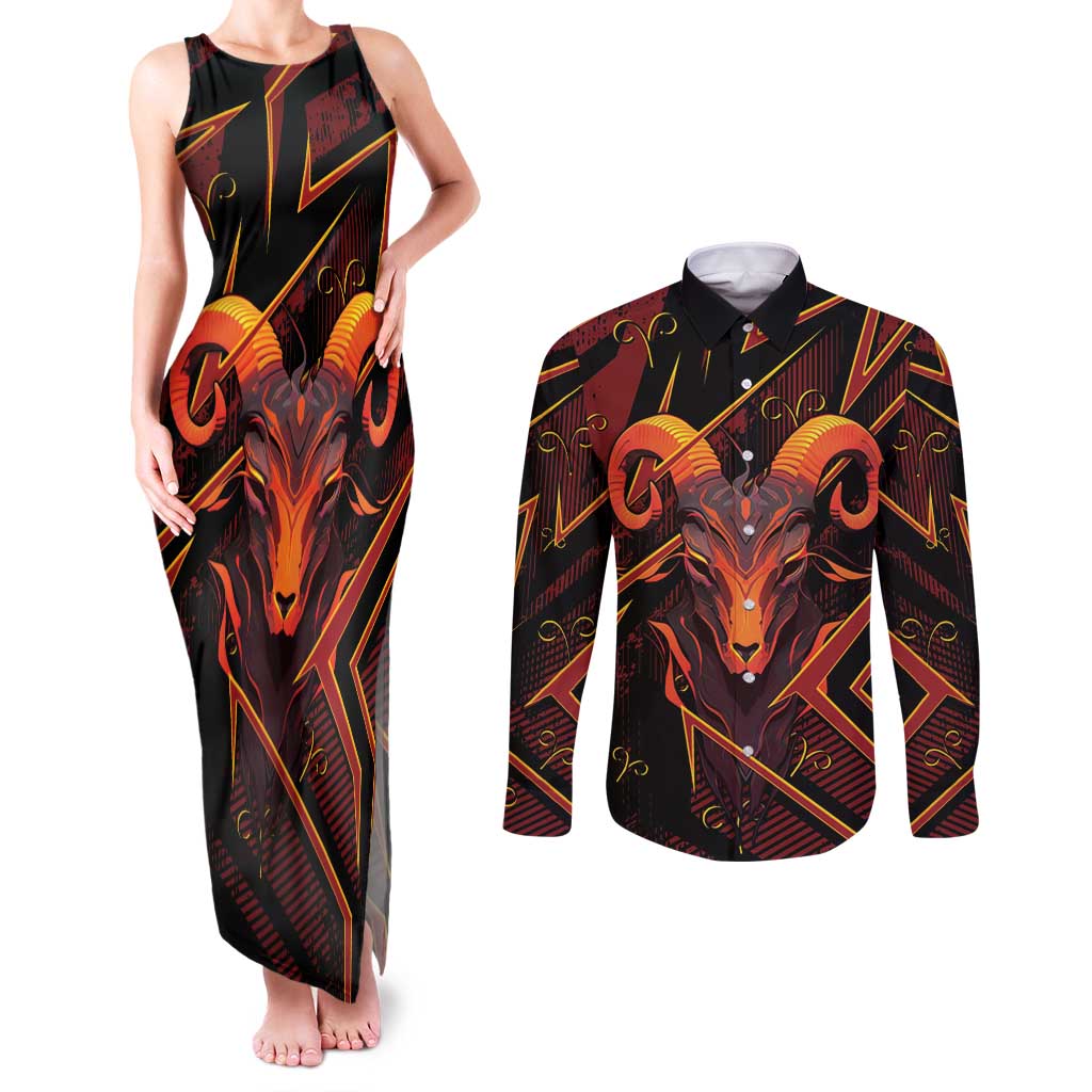 Custom Aries Zodiac Couples Matching Tank Maxi Dress and Long Sleeve Button Shirt With Bold Triangle