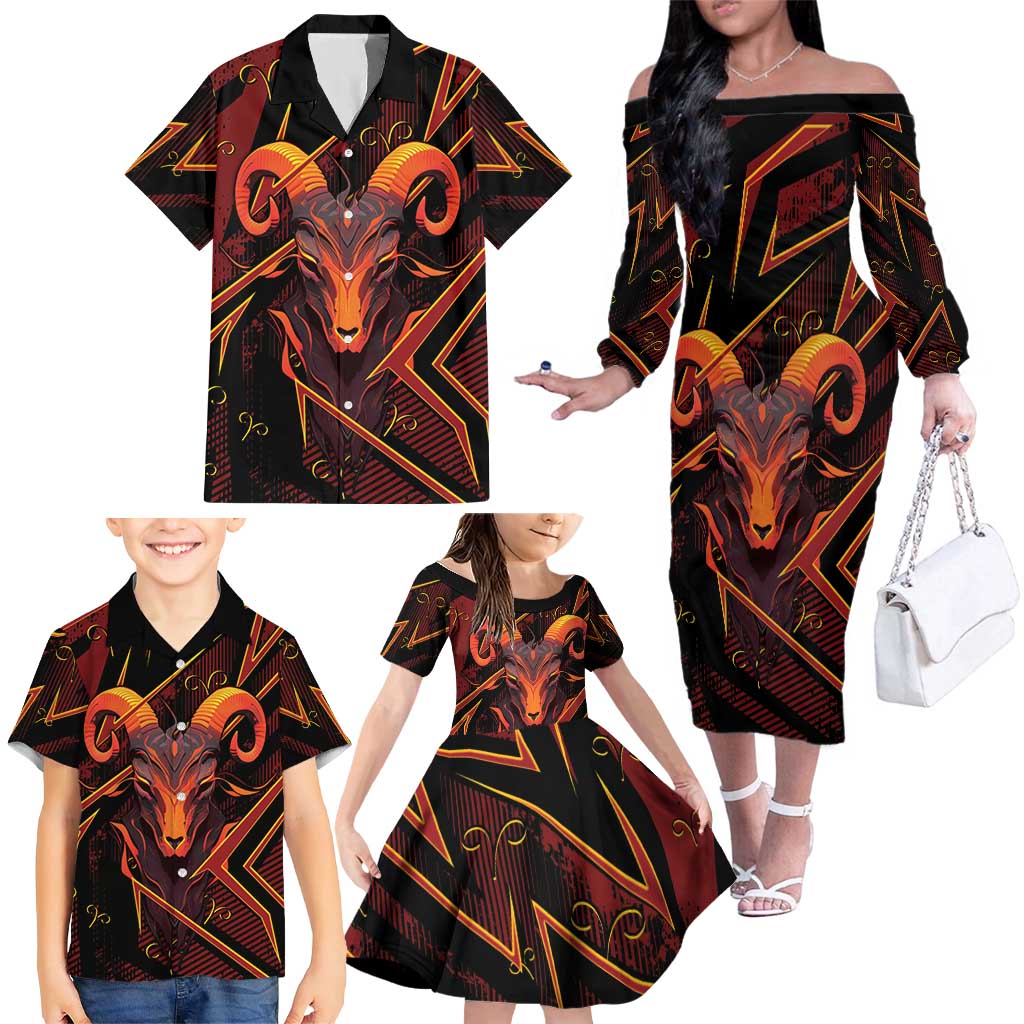 Custom Aries Zodiac Family Matching Off The Shoulder Long Sleeve Dress and Hawaiian Shirt With Bold Triangle