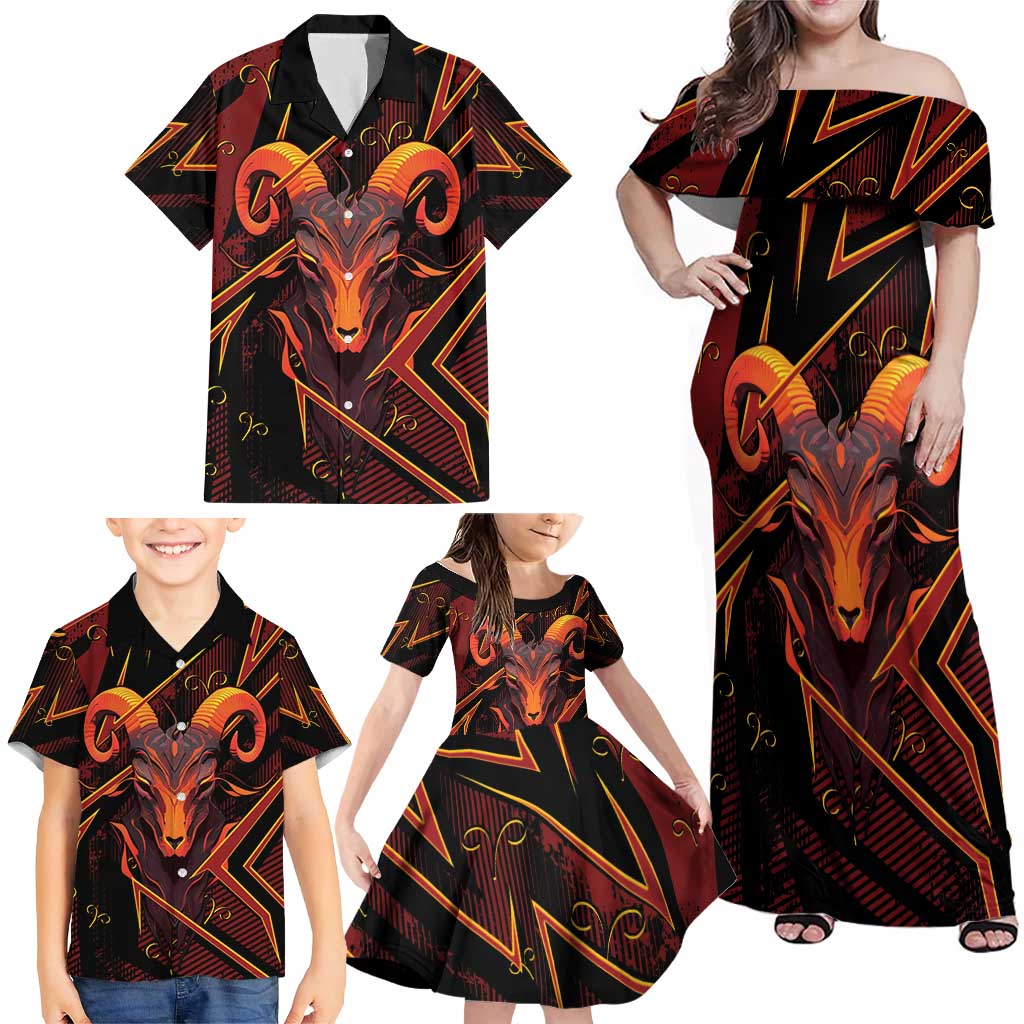 Custom Aries Zodiac Family Matching Off Shoulder Maxi Dress and Hawaiian Shirt With Bold Triangle