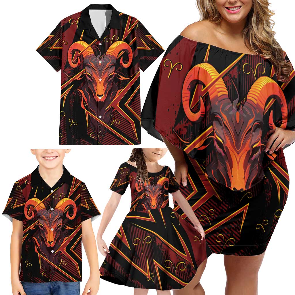 Custom Aries Zodiac Family Matching Off Shoulder Short Dress and Hawaiian Shirt With Bold Triangle