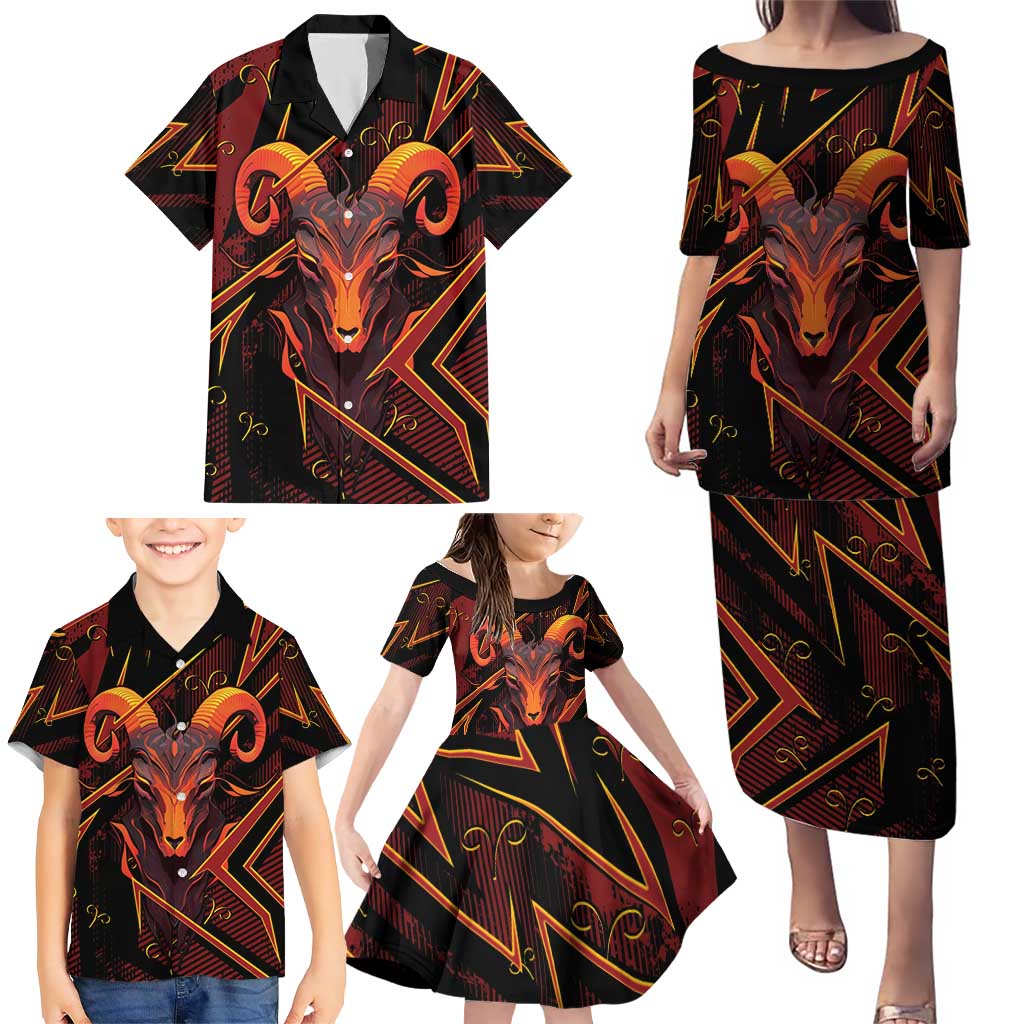 Custom Aries Zodiac Family Matching Puletasi and Hawaiian Shirt With Bold Triangle
