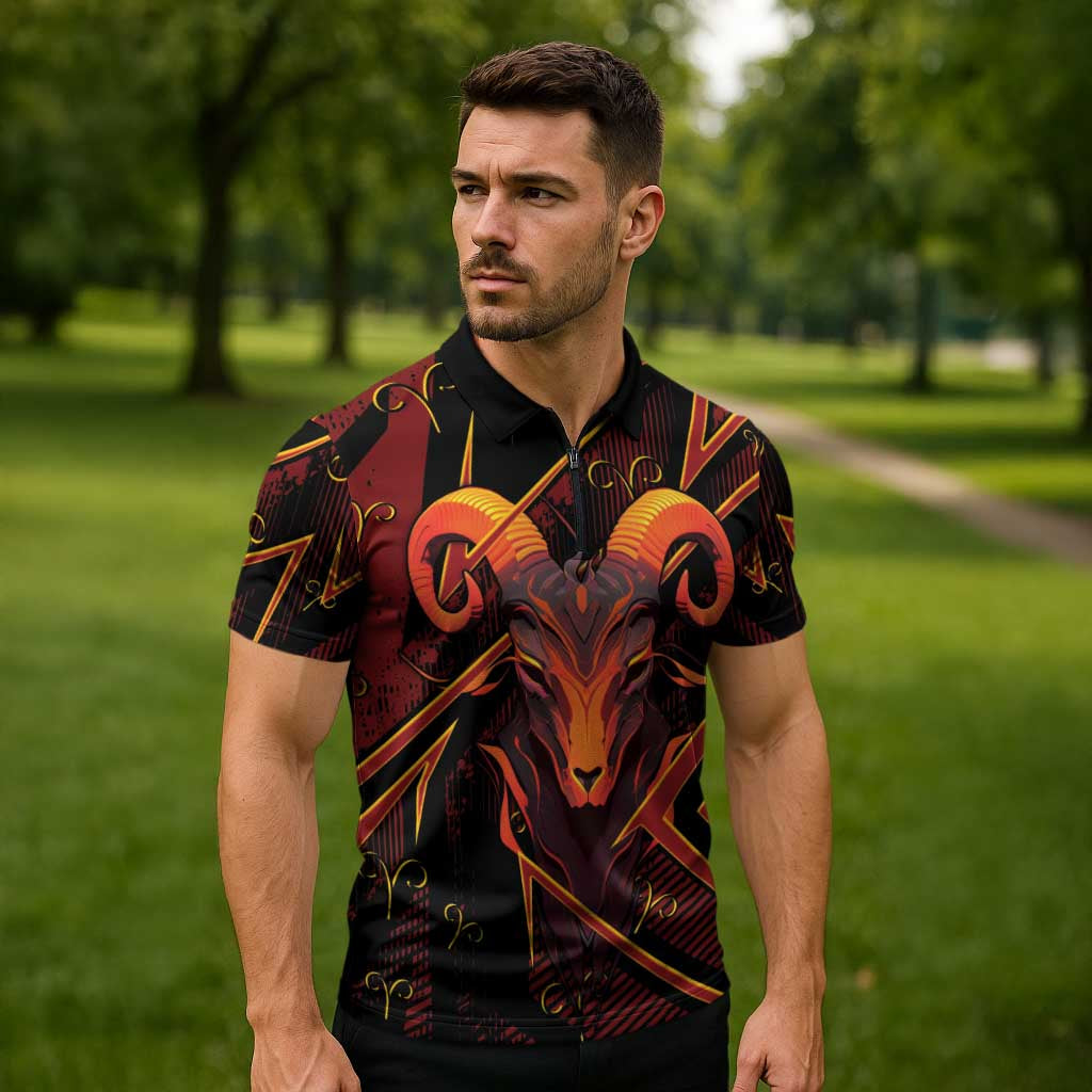 Custom Aries Zodiac Zipper Polo Shirt With Bold Triangle