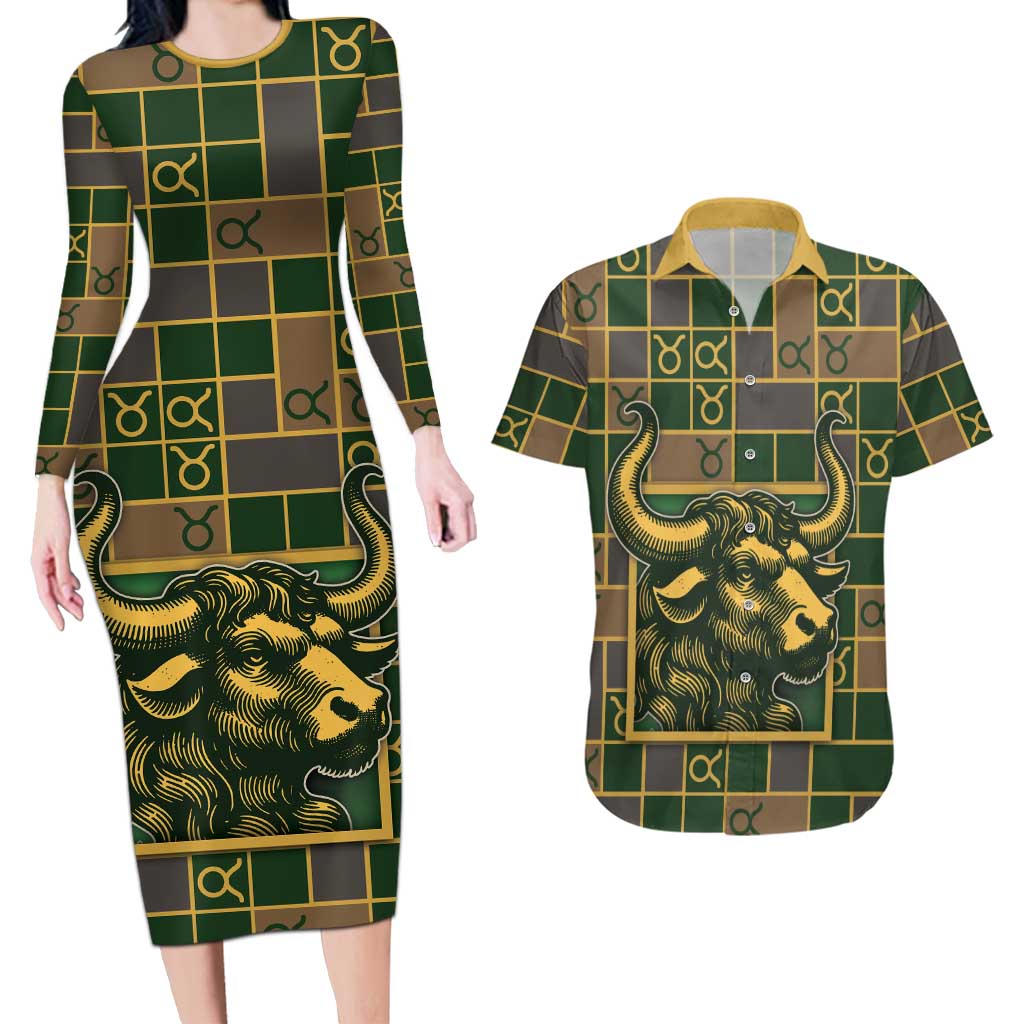 Custom Taurus Zodiac Couples Matching Long Sleeve Bodycon Dress and Hawaiian Shirt Checkered Pattern