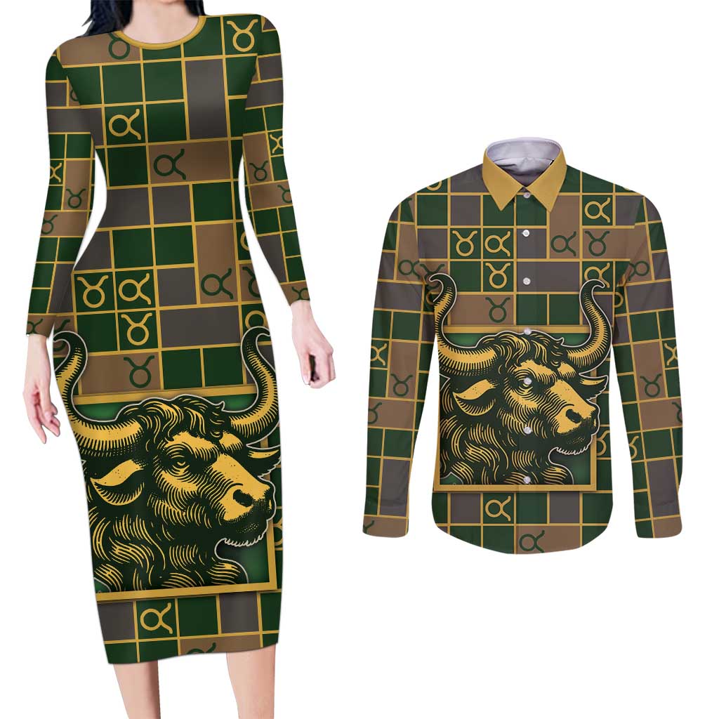 Custom Taurus Zodiac Couples Matching Long Sleeve Bodycon Dress and Long Sleeve Button Shirt Checkered Pattern