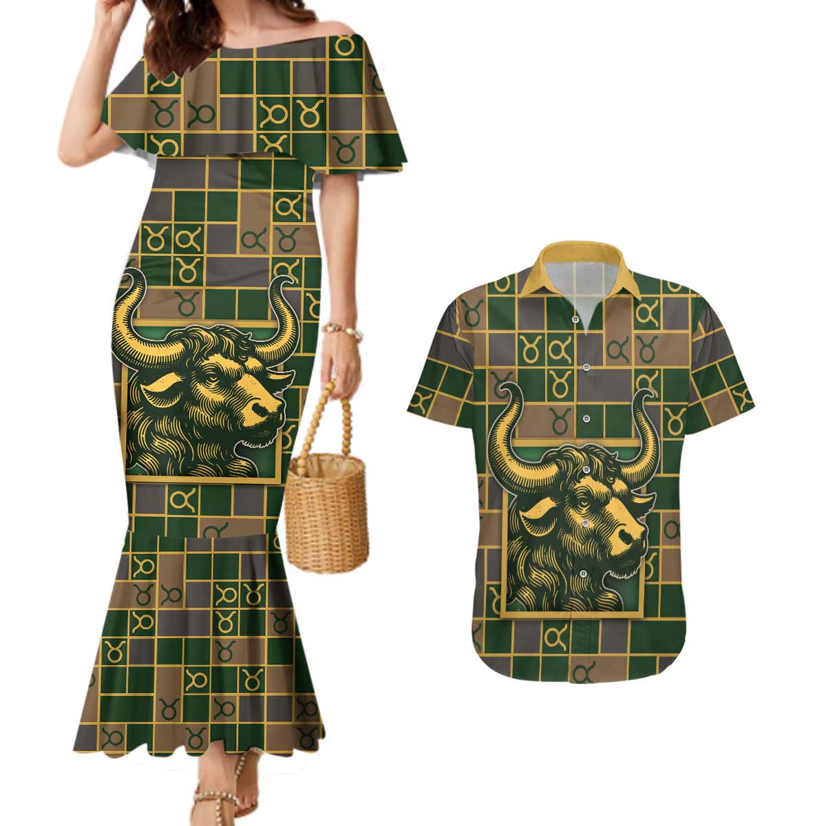Custom Taurus Zodiac Couples Matching Mermaid Dress and Hawaiian Shirt Checkered Pattern