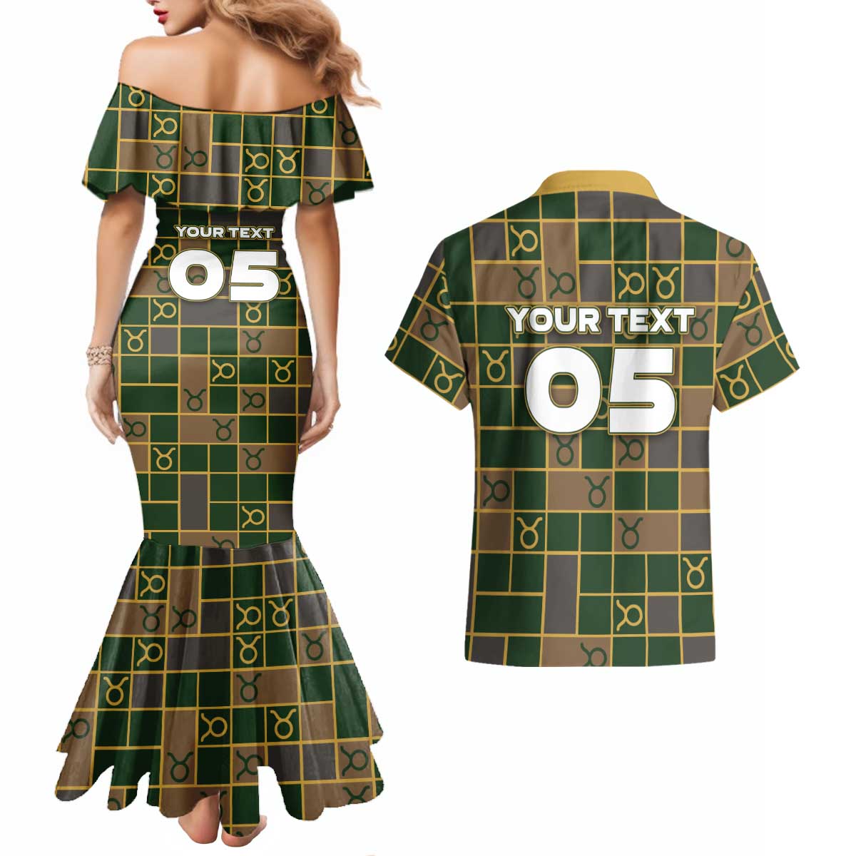 Custom Taurus Zodiac Couples Matching Mermaid Dress and Hawaiian Shirt Checkered Pattern