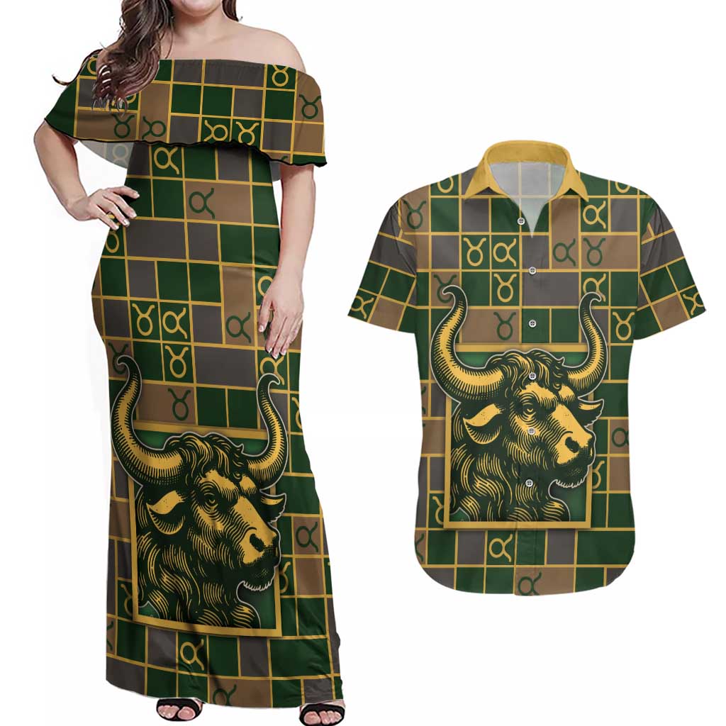 Custom Taurus Zodiac Couples Matching Off Shoulder Maxi Dress and Hawaiian Shirt Checkered Pattern