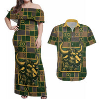 Custom Taurus Zodiac Couples Matching Off Shoulder Maxi Dress and Hawaiian Shirt Checkered Pattern