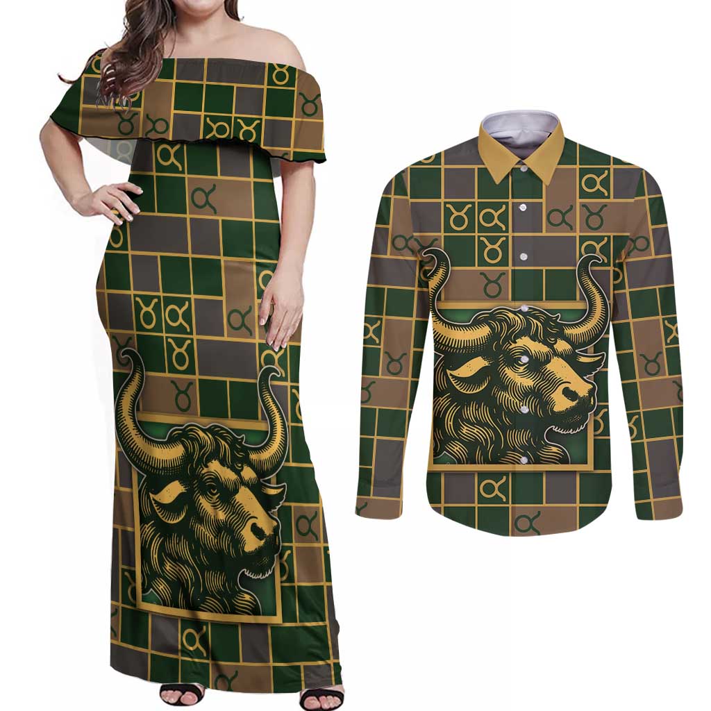 Custom Taurus Zodiac Couples Matching Off Shoulder Maxi Dress and Long Sleeve Button Shirt Checkered Pattern