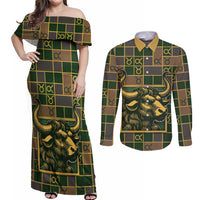Custom Taurus Zodiac Couples Matching Off Shoulder Maxi Dress and Long Sleeve Button Shirt Checkered Pattern
