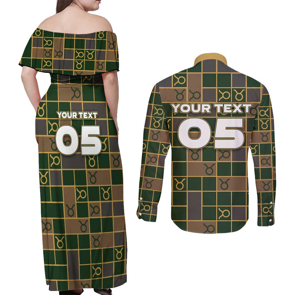 Custom Taurus Zodiac Couples Matching Off Shoulder Maxi Dress and Long Sleeve Button Shirt Checkered Pattern