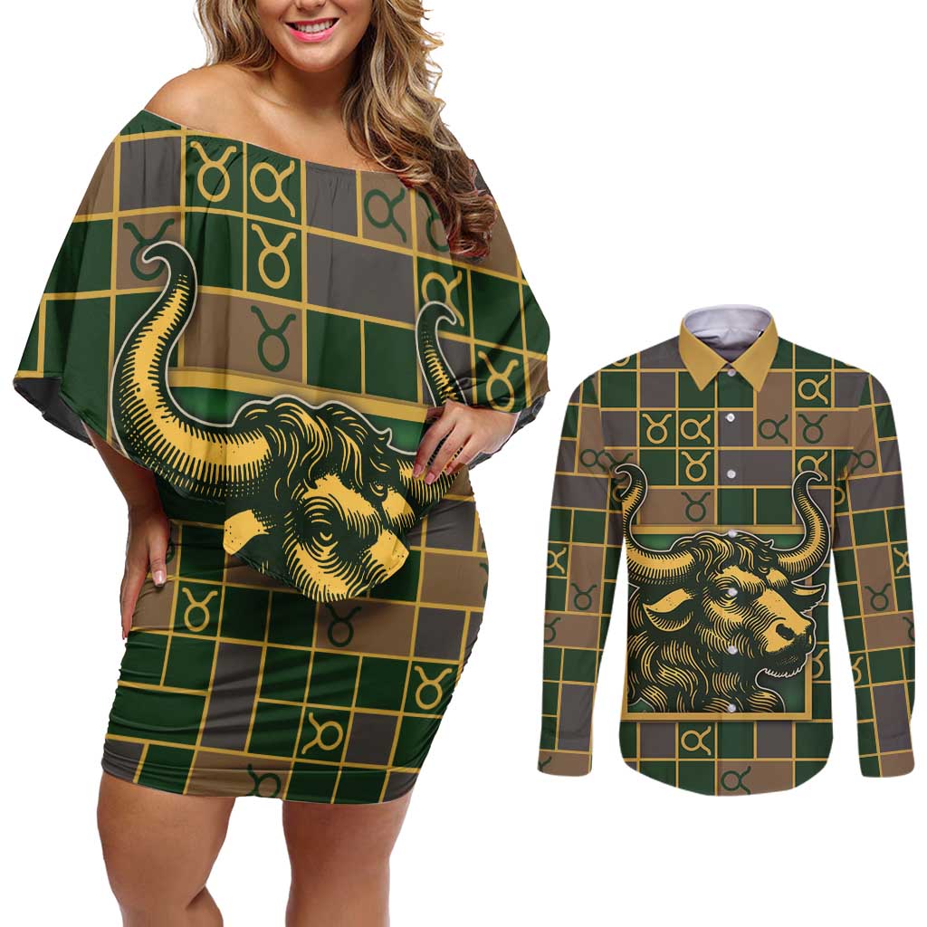 Custom Taurus Zodiac Couples Matching Off Shoulder Short Dress and Long Sleeve Button Shirt Checkered Pattern