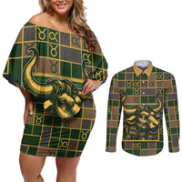 Custom Taurus Zodiac Couples Matching Off Shoulder Short Dress and Long Sleeve Button Shirt Checkered Pattern