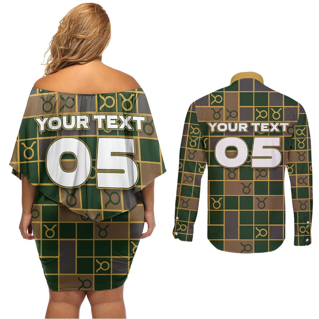 Custom Taurus Zodiac Couples Matching Off Shoulder Short Dress and Long Sleeve Button Shirt Checkered Pattern