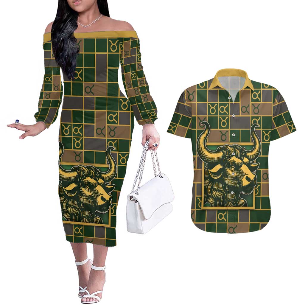 Custom Taurus Zodiac Couples Matching Off The Shoulder Long Sleeve Dress and Hawaiian Shirt Checkered Pattern