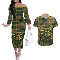 Custom Taurus Zodiac Couples Matching Off The Shoulder Long Sleeve Dress and Hawaiian Shirt Checkered Pattern