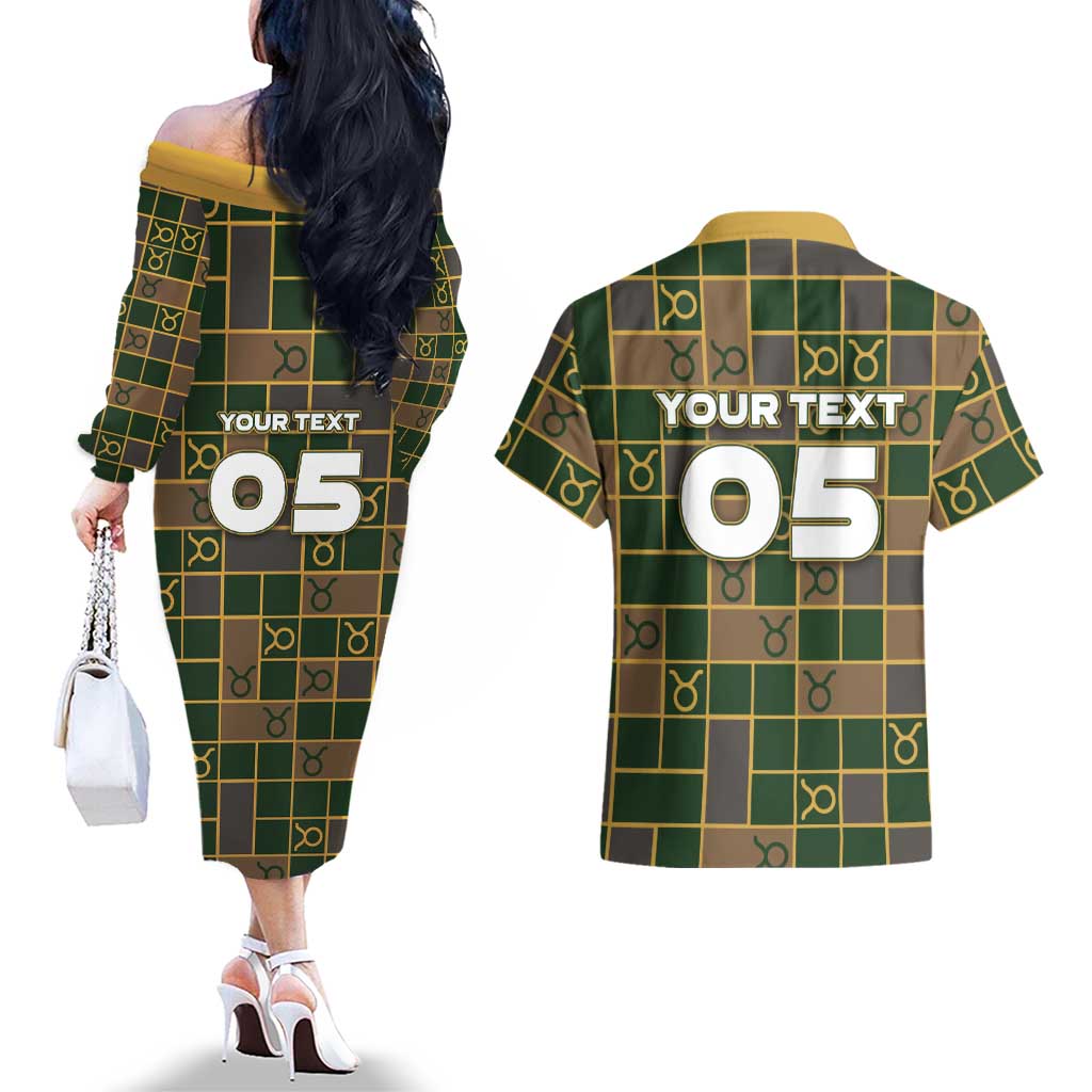 Custom Taurus Zodiac Couples Matching Off The Shoulder Long Sleeve Dress and Hawaiian Shirt Checkered Pattern