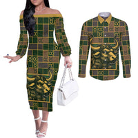 Custom Taurus Zodiac Couples Matching Off The Shoulder Long Sleeve Dress and Long Sleeve Button Shirt Checkered Pattern