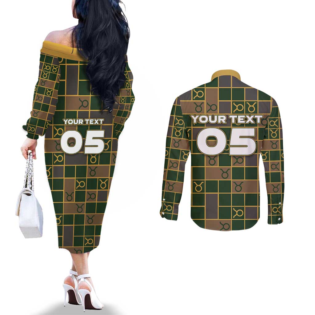 Custom Taurus Zodiac Couples Matching Off The Shoulder Long Sleeve Dress and Long Sleeve Button Shirt Checkered Pattern