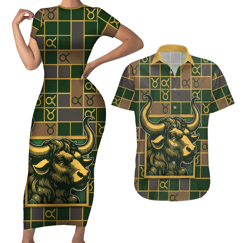 Custom Taurus Zodiac Couples Matching Short Sleeve Bodycon Dress and Hawaiian Shirt Checkered Pattern