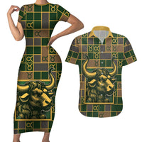 Custom Taurus Zodiac Couples Matching Short Sleeve Bodycon Dress and Hawaiian Shirt Checkered Pattern