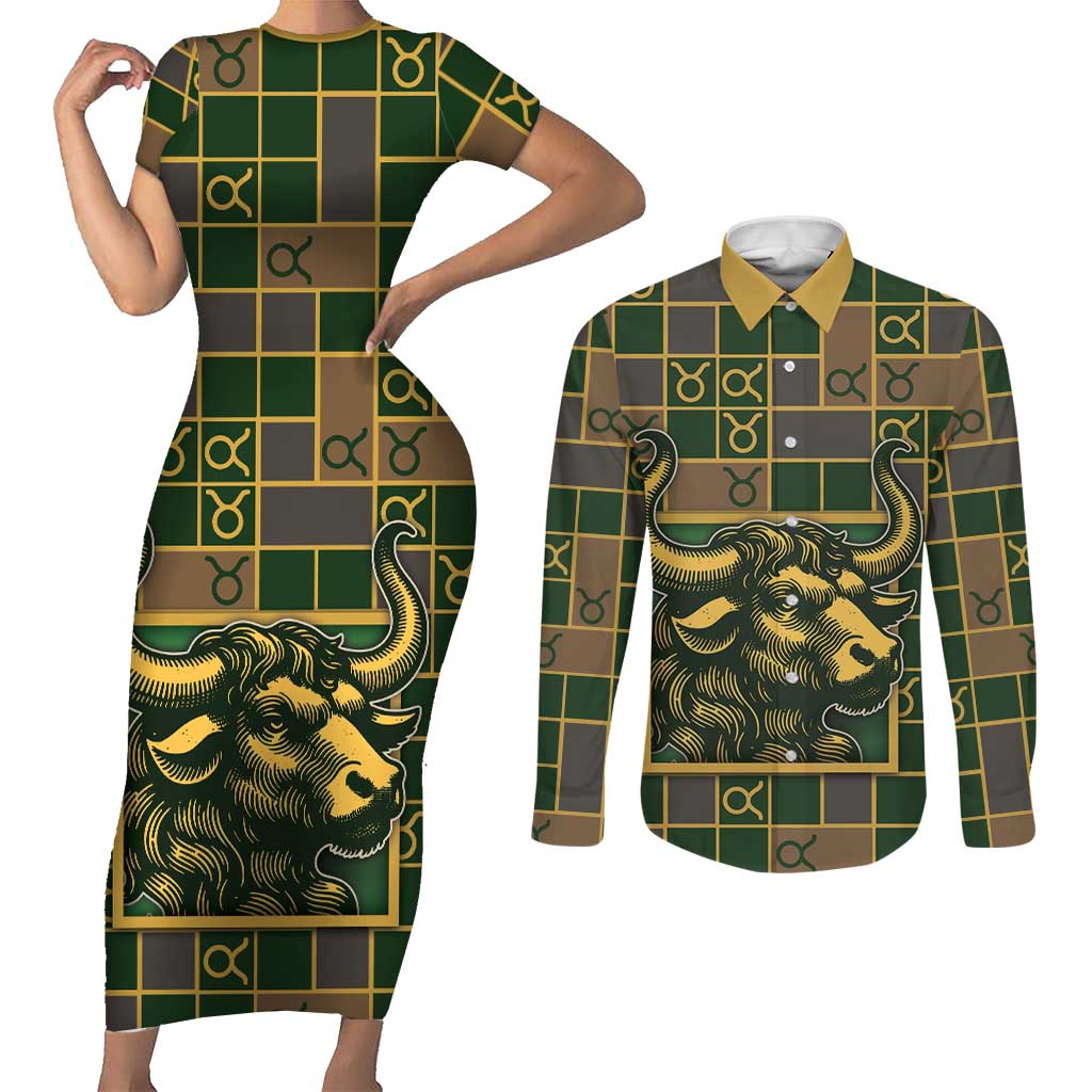Custom Taurus Zodiac Couples Matching Short Sleeve Bodycon Dress and Long Sleeve Button Shirt Checkered Pattern