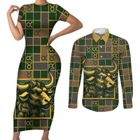 Custom Taurus Zodiac Couples Matching Short Sleeve Bodycon Dress and Long Sleeve Button Shirt Checkered Pattern