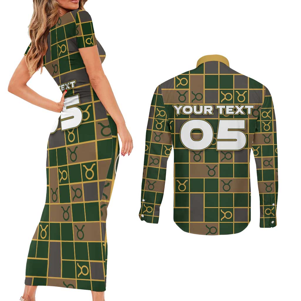 Custom Taurus Zodiac Couples Matching Short Sleeve Bodycon Dress and Long Sleeve Button Shirt Checkered Pattern