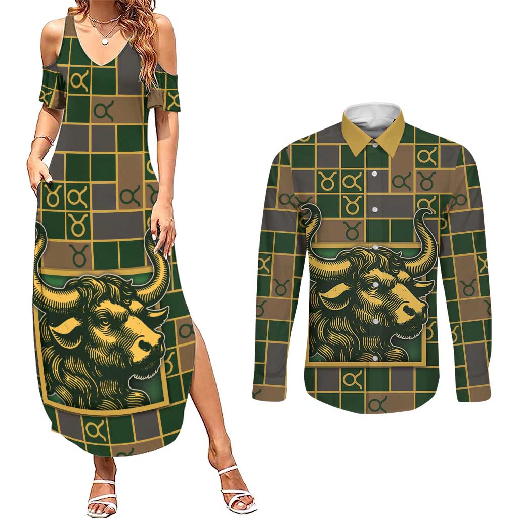Custom Taurus Zodiac Couples Matching Summer Maxi Dress and Long Sleeve Button Shirt Checkered Pattern