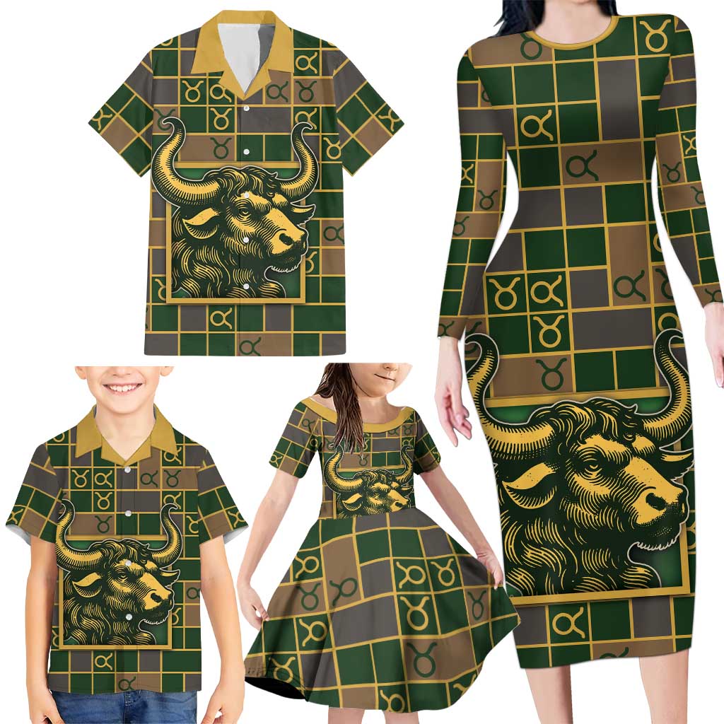 Custom Taurus Zodiac Family Matching Long Sleeve Bodycon Dress and Hawaiian Shirt Checkered Pattern