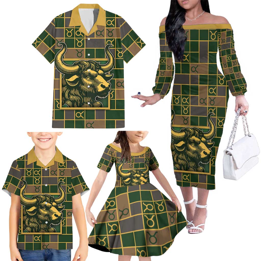 Custom Taurus Zodiac Family Matching Off The Shoulder Long Sleeve Dress and Hawaiian Shirt Checkered Pattern