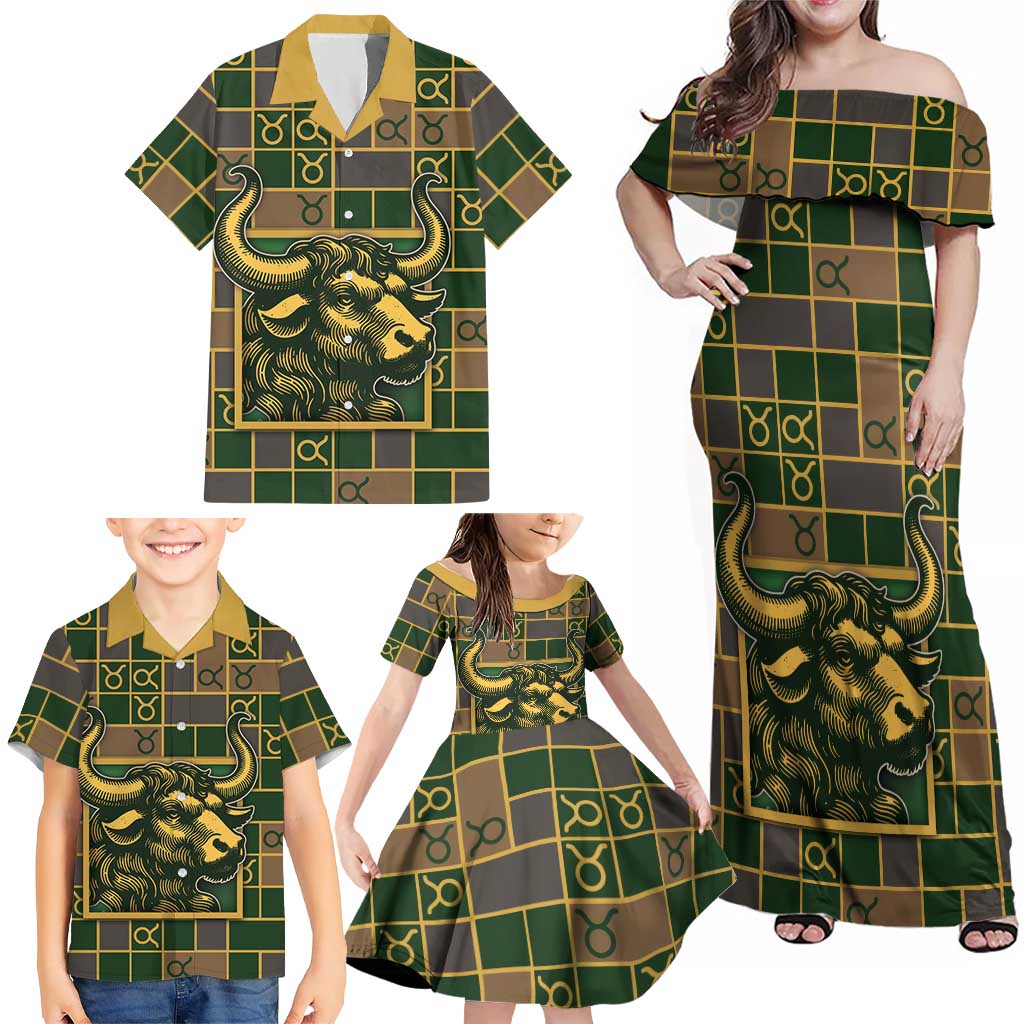 Custom Taurus Zodiac Family Matching Off Shoulder Maxi Dress and Hawaiian Shirt Checkered Pattern