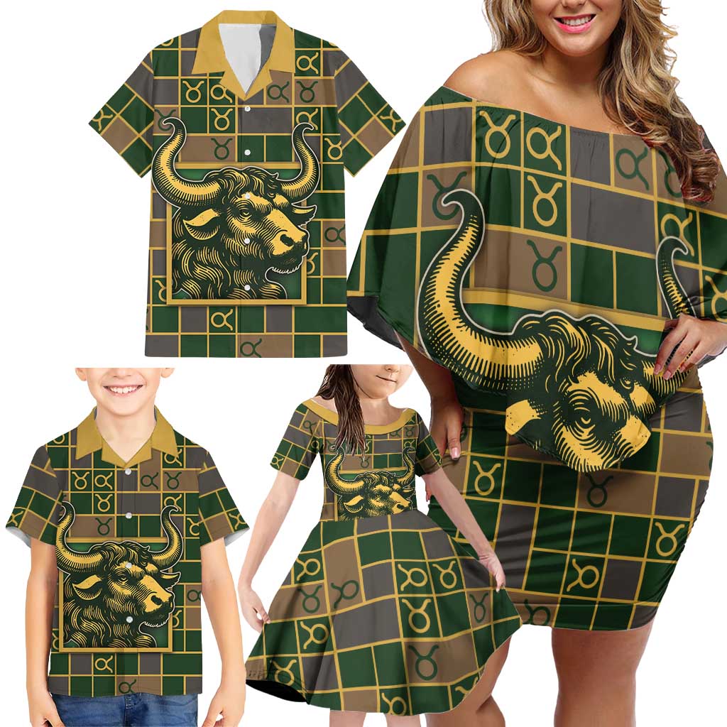 Custom Taurus Zodiac Family Matching Off Shoulder Short Dress and Hawaiian Shirt Checkered Pattern