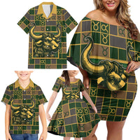 Custom Taurus Zodiac Family Matching Off Shoulder Short Dress and Hawaiian Shirt Checkered Pattern