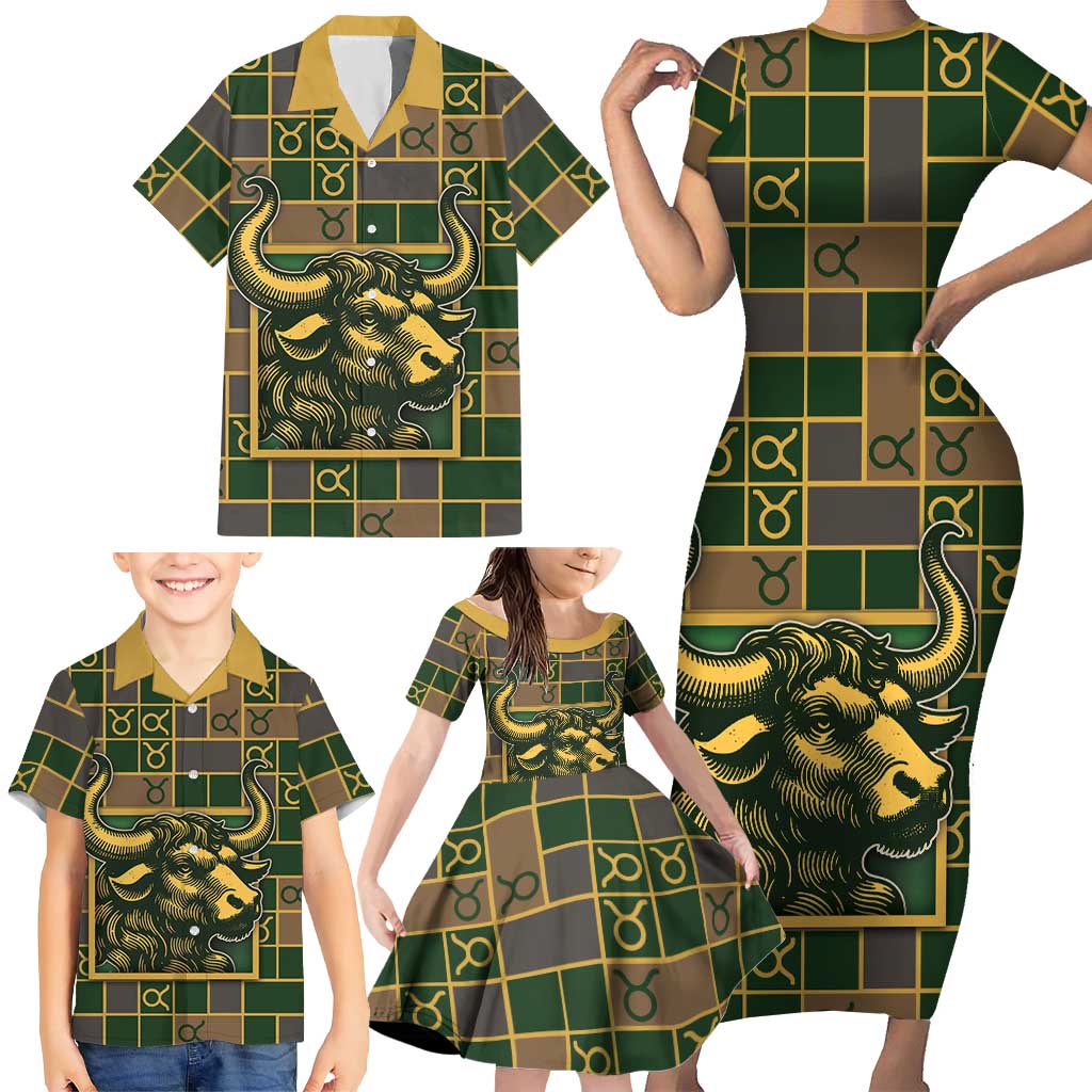 Custom Taurus Zodiac Family Matching Short Sleeve Bodycon Dress and Hawaiian Shirt Checkered Pattern