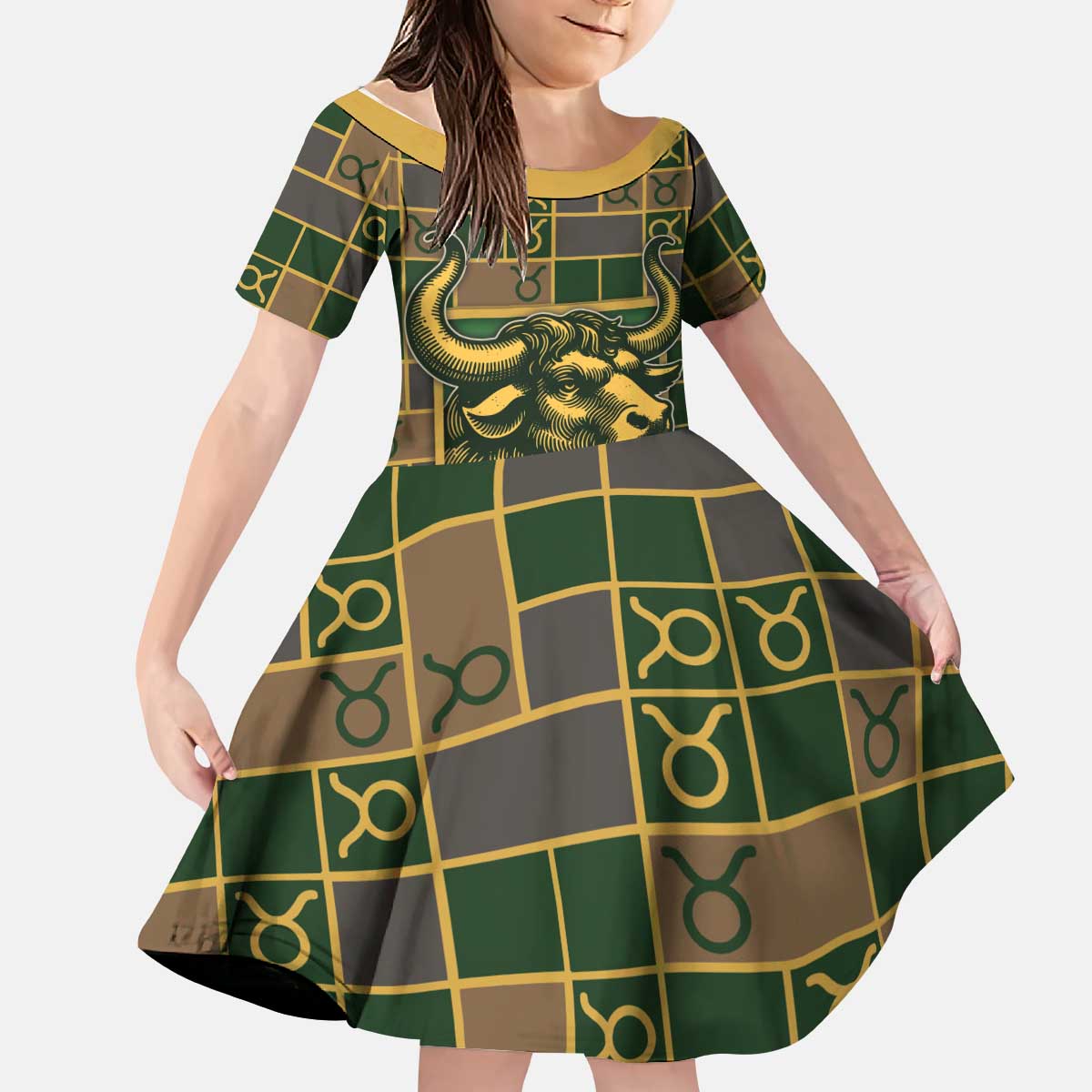 Custom Taurus Zodiac Kid Short Sleeve Dress Checkered Pattern