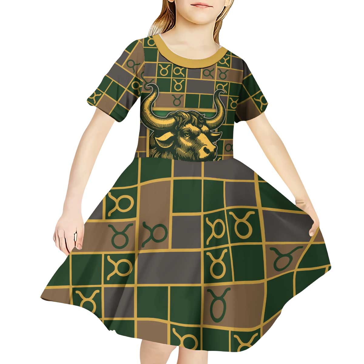 Custom Taurus Zodiac Kid Short Sleeve Dress Checkered Pattern