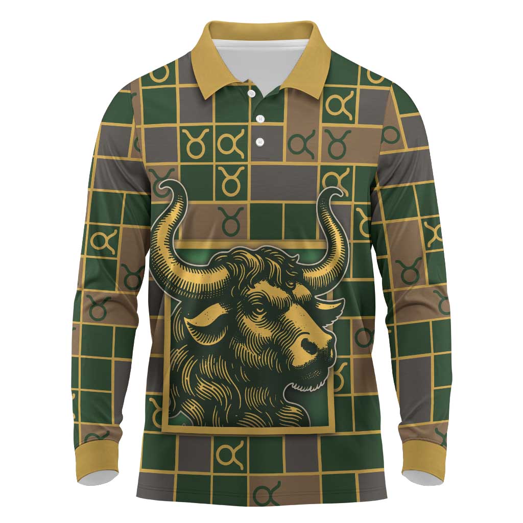Custom Taurus Zodiac Long Sleeve Polo Shirt Checkered Pattern