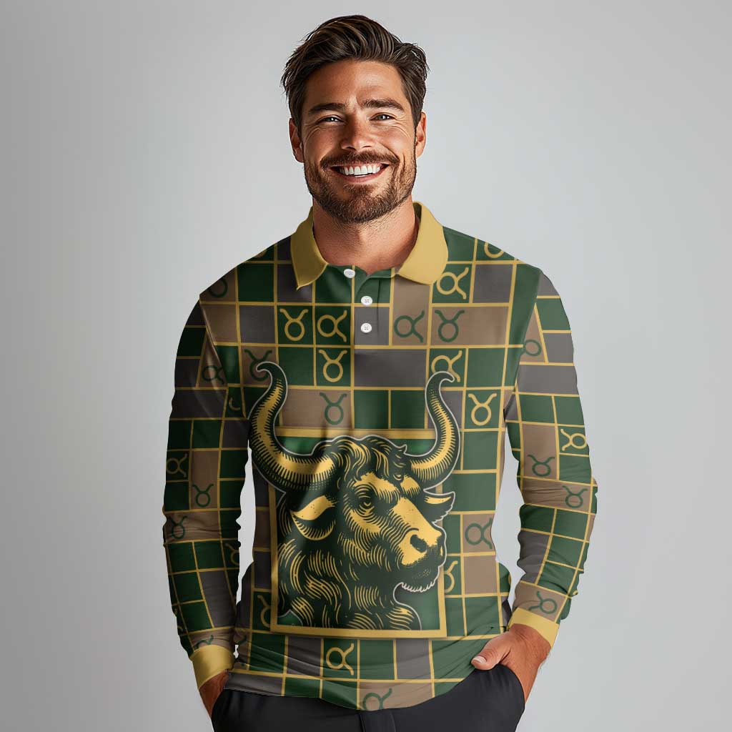 Custom Taurus Zodiac Long Sleeve Polo Shirt Checkered Pattern