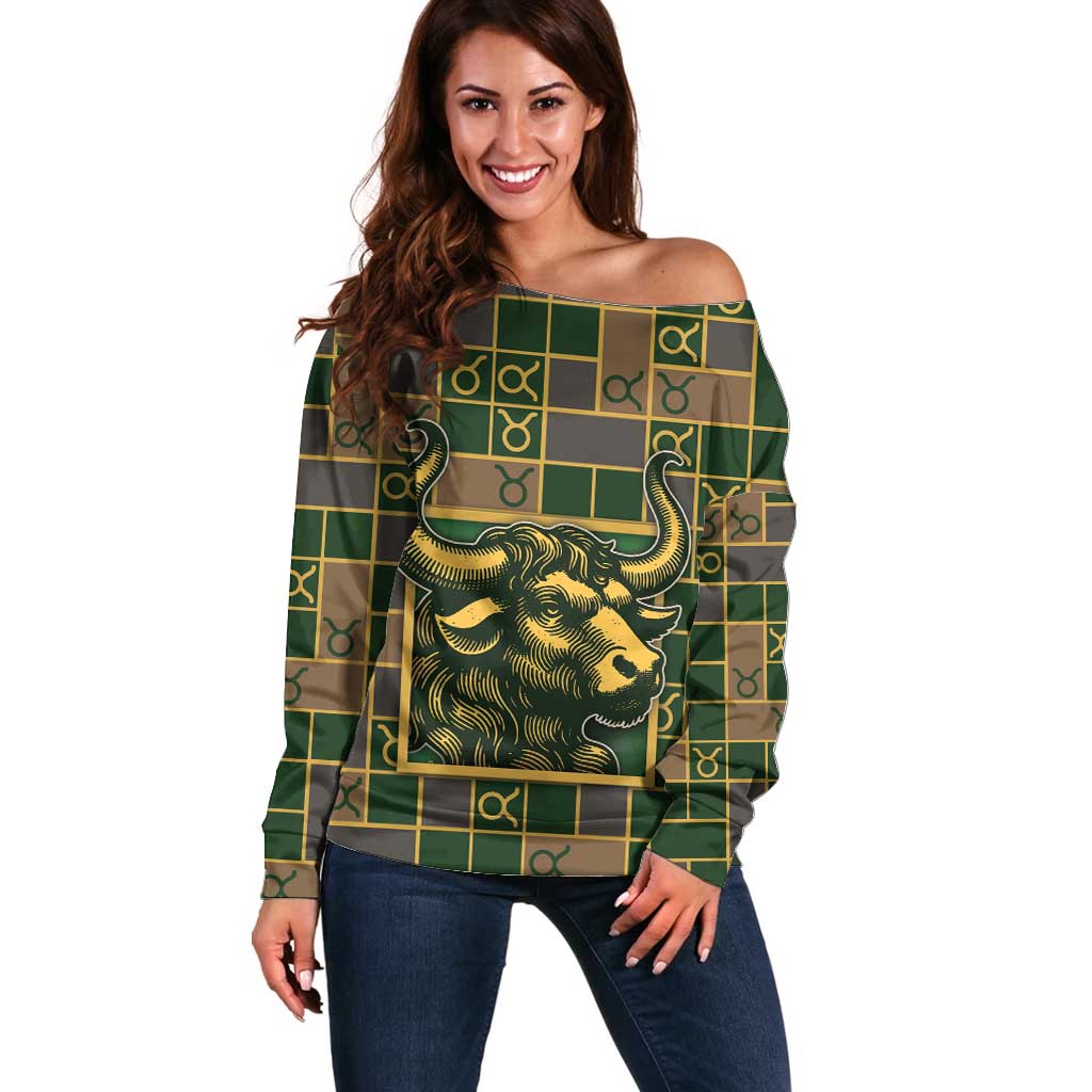 Custom Taurus Zodiac Off Shoulder Sweater Checkered Pattern