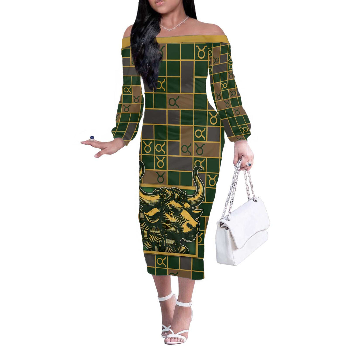 Custom Taurus Zodiac Off The Shoulder Long Sleeve Dress Checkered Pattern