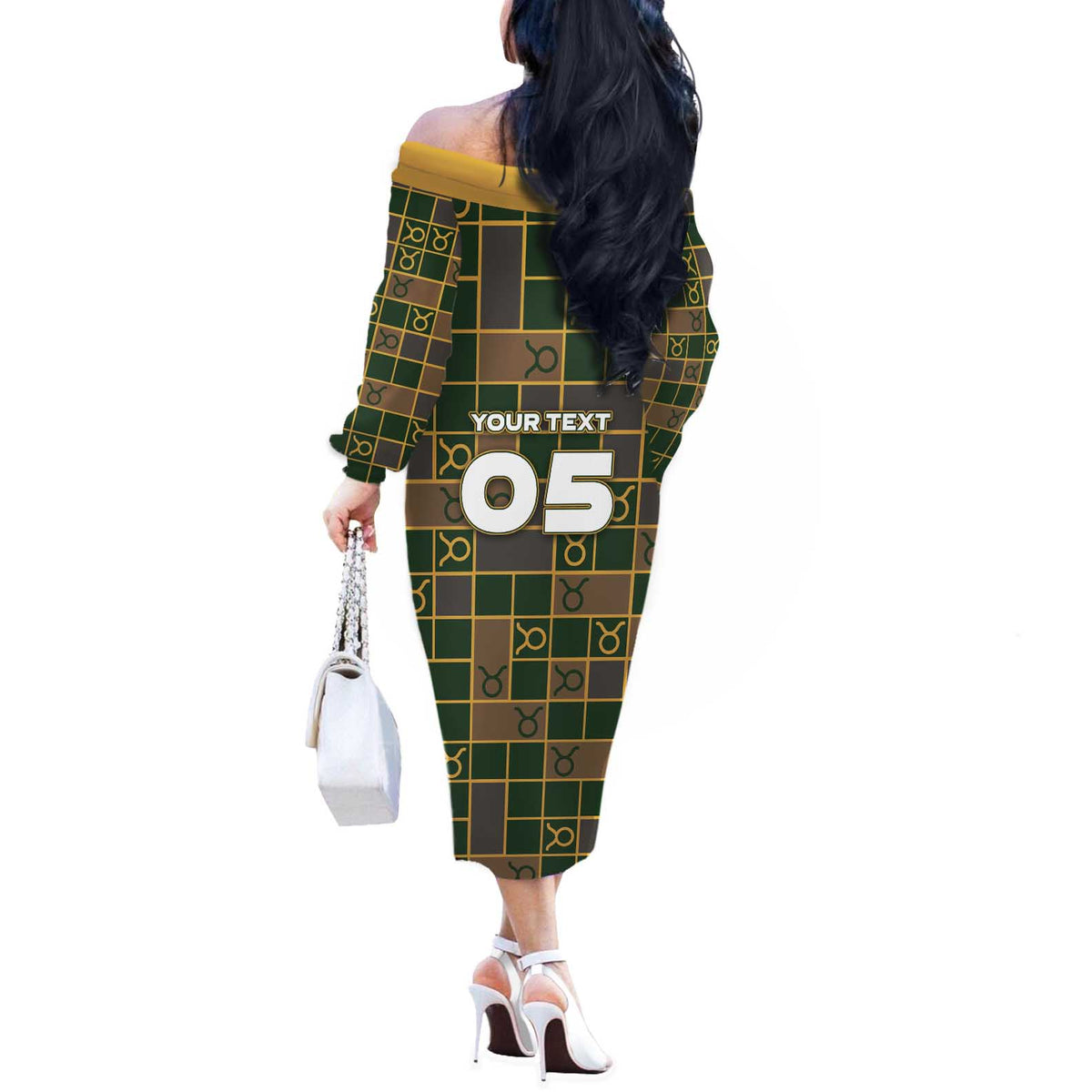 Custom Taurus Zodiac Off The Shoulder Long Sleeve Dress Checkered Pattern