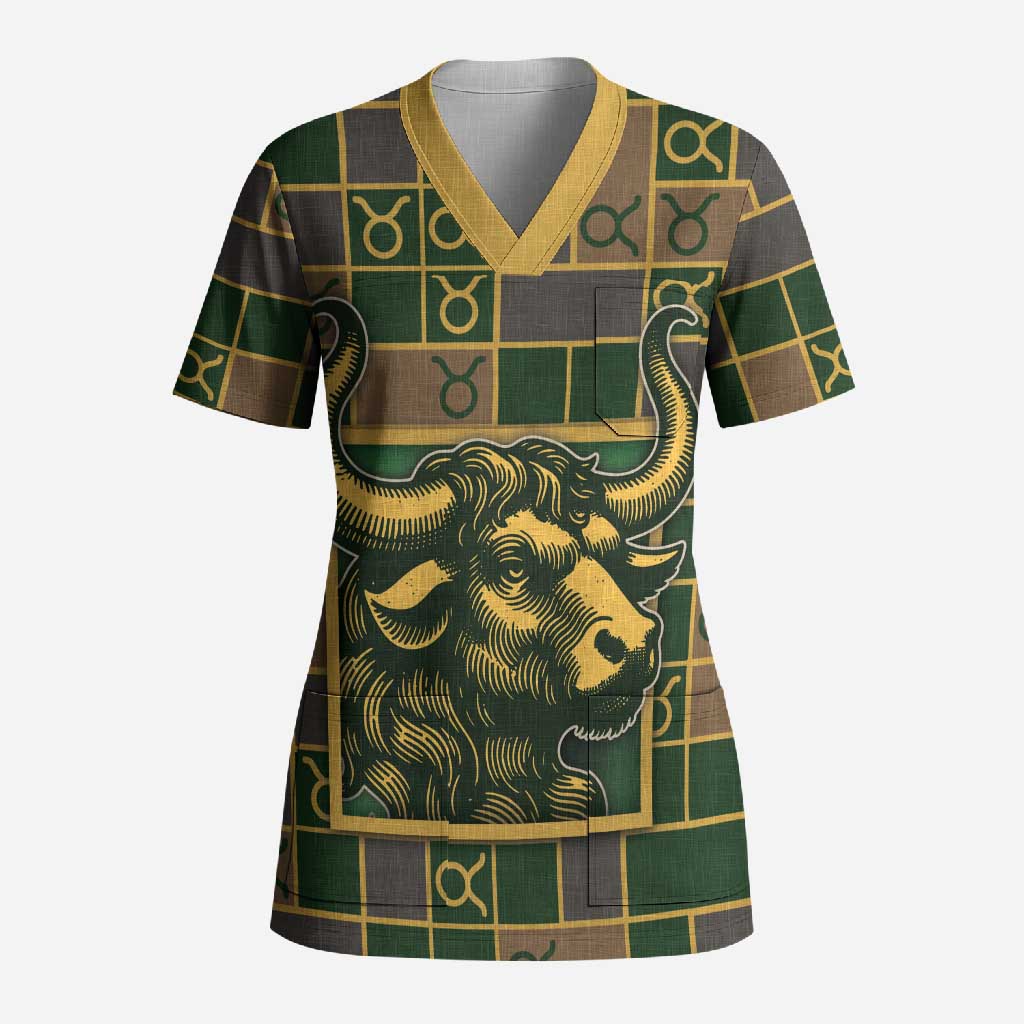 Custom Taurus Zodiac Scrub Top Checkered Pattern