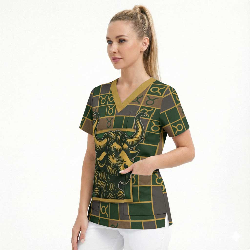 Custom Taurus Zodiac Scrub Top Checkered Pattern
